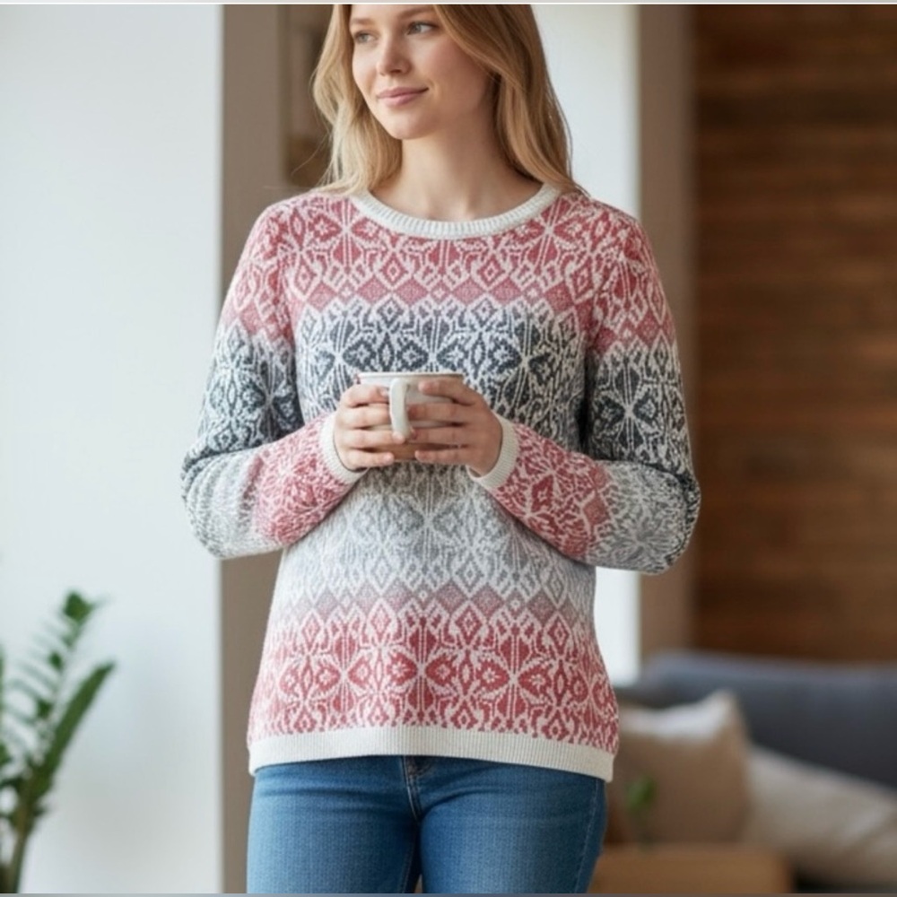 Talbots Fair Isle Patterned Crewneck Sweater - Pink and Gray